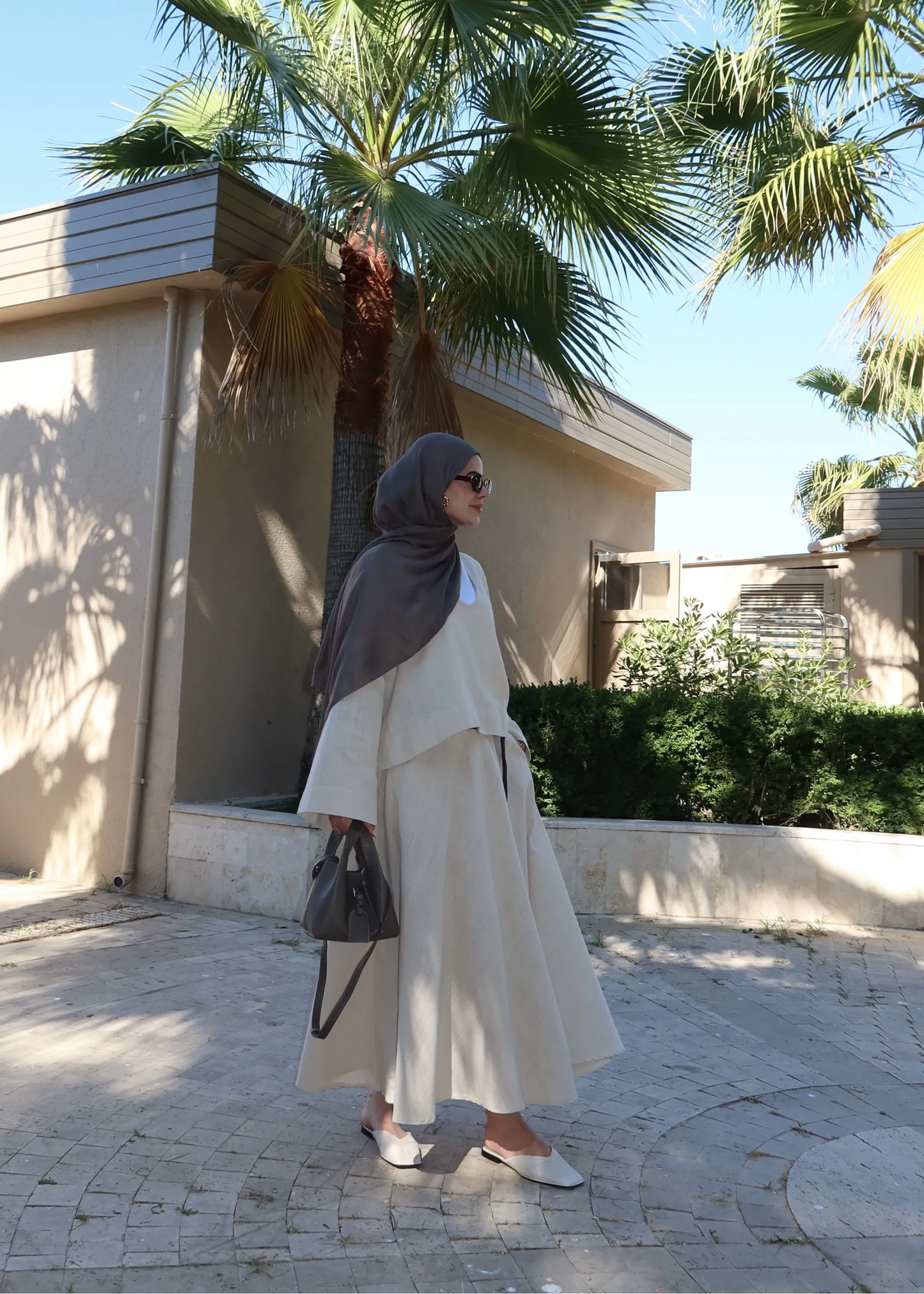 Deep V-Neck Linen Kimono Set with Maxi Skirt – Beige
