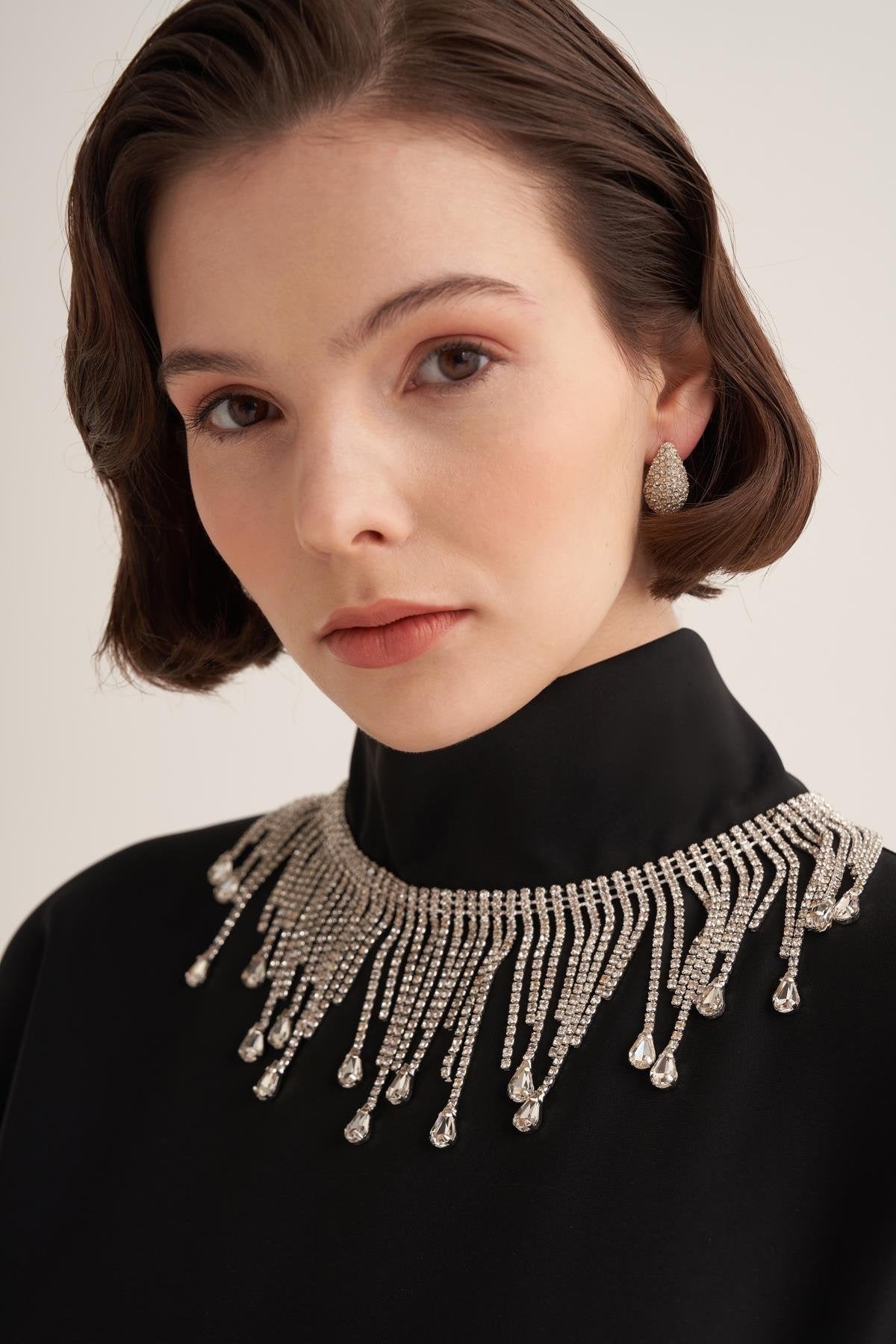 Black Kaftan Dress with Draped Cape Sleeves & Crystal Fringe Neckline