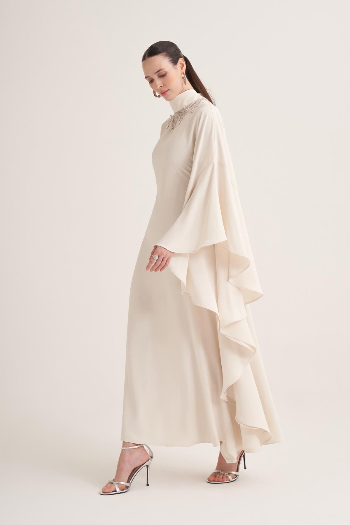 Cream Kaftan Dress with Draped Cape Sleeves & Crystal Fringe Neckline