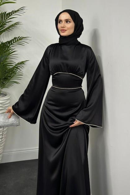 Elegant Black Satin Modest Evening Dress with Baguette Stone Waist Detail
