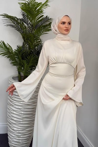 Elegant White Satin Modest Evening Dress with Baguette Stone Waist Detail