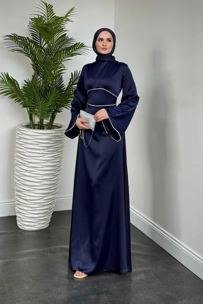 Elegant Navy Satin Modest Evening Dress with Baguette Stone Waist Detail