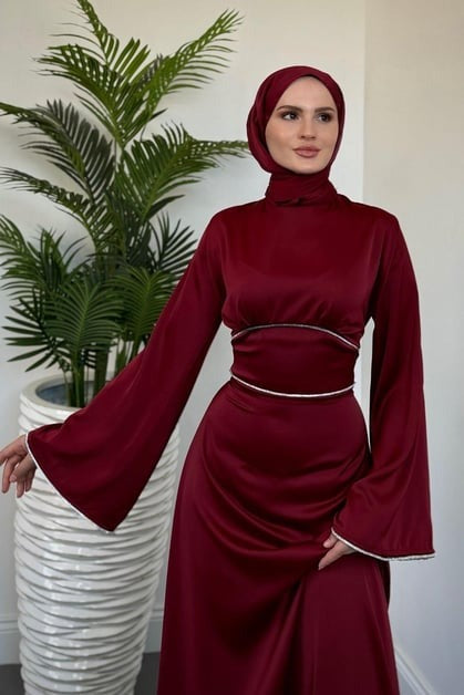 Elegant Burgundy Satin Modest Evening Dress with Baguette Stone Waist Detail