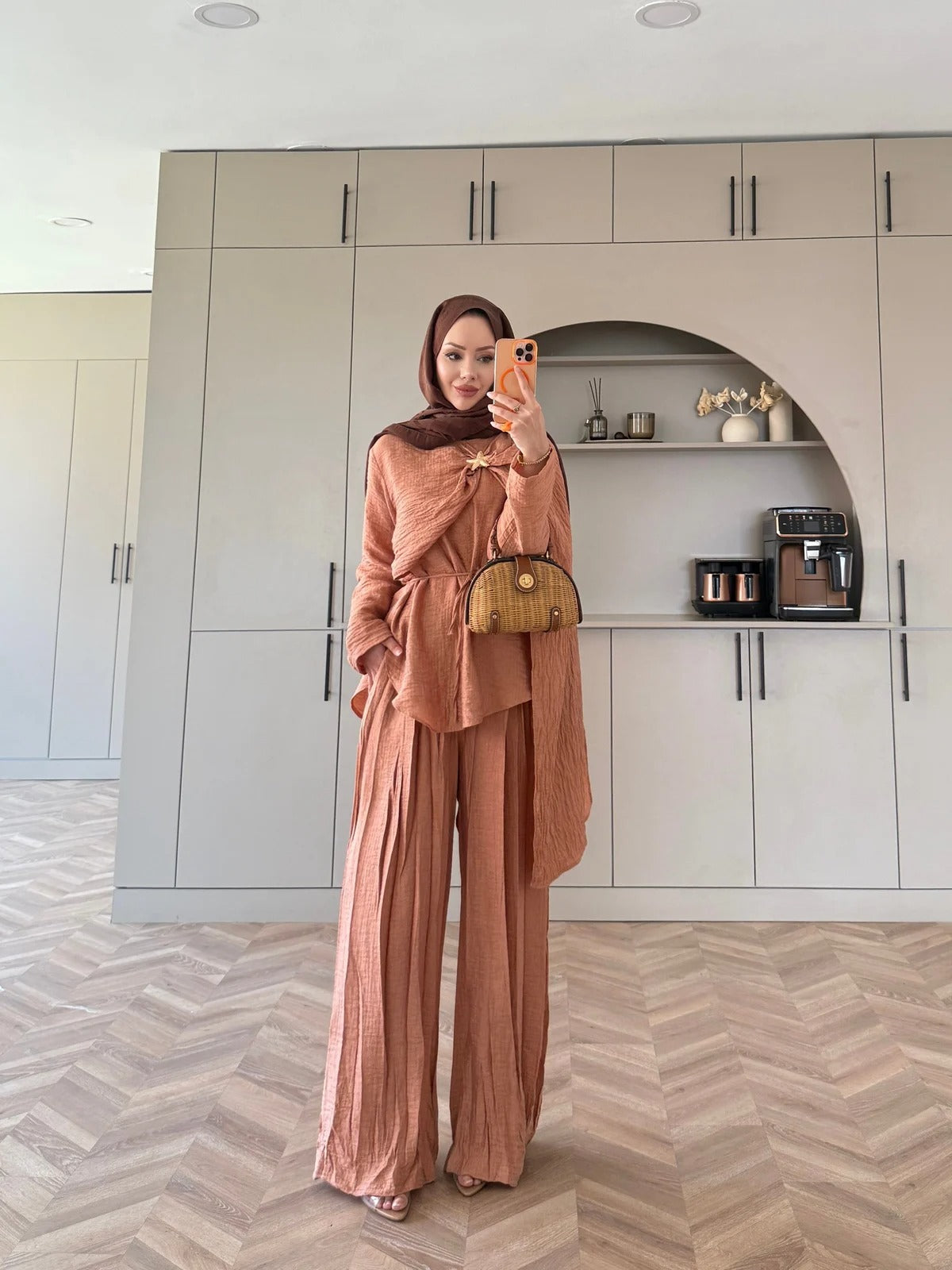 Salmon Starfish Brooch Cape Detail Muslin Trouser Set