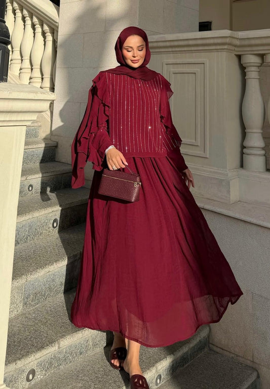 Mia Shimmer Skirt Set – Burgundy