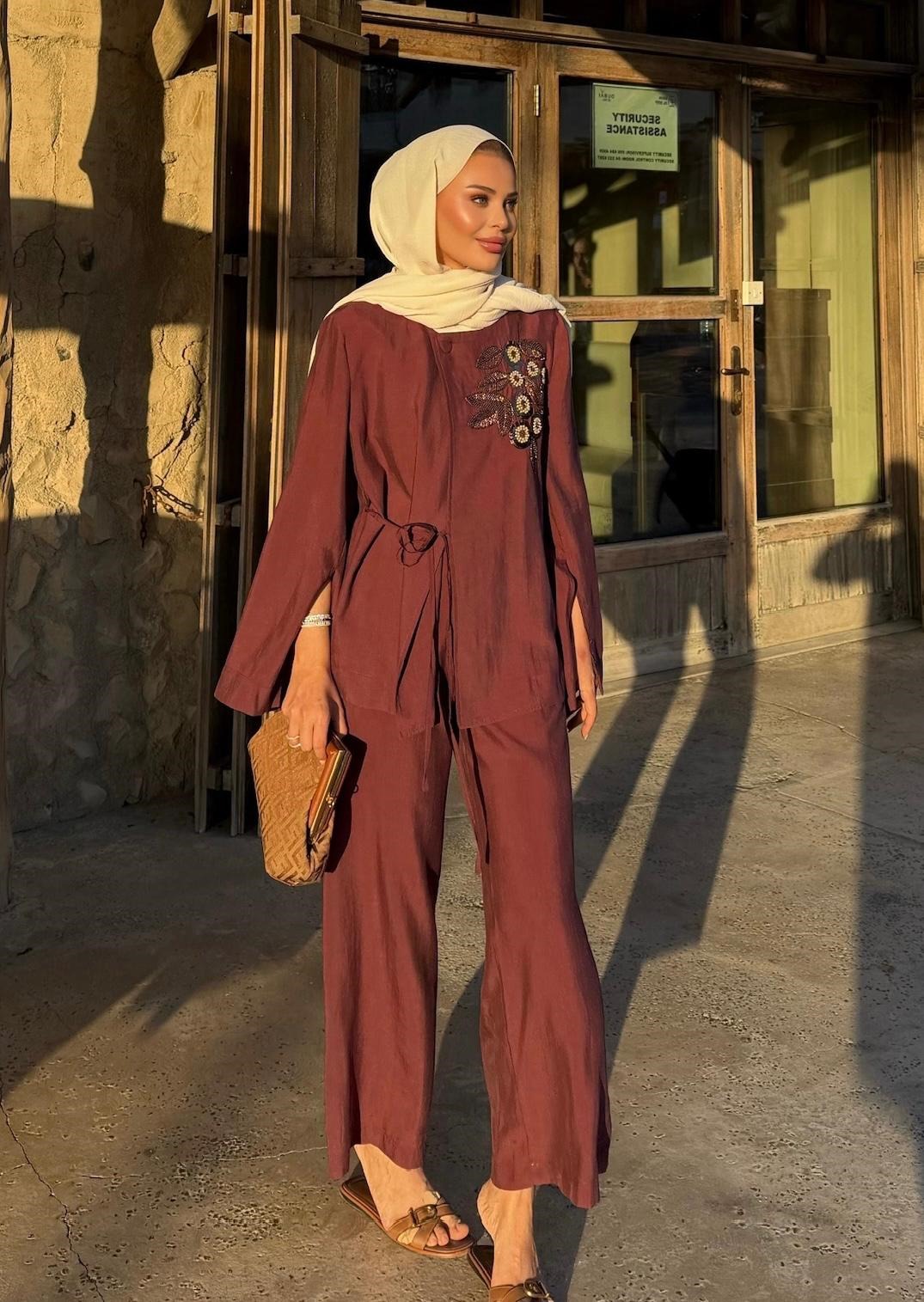 Embroidered Pants Set – Burgundy