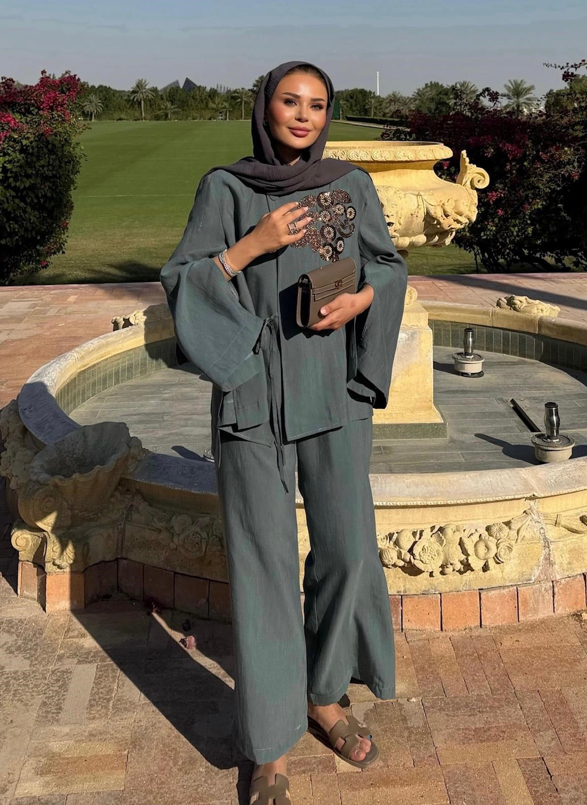 Embroidered Pants Set – Green