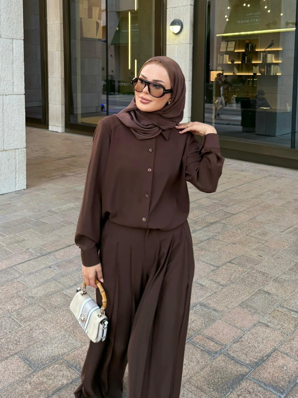 Daphne Pleated Pants Set – Brown