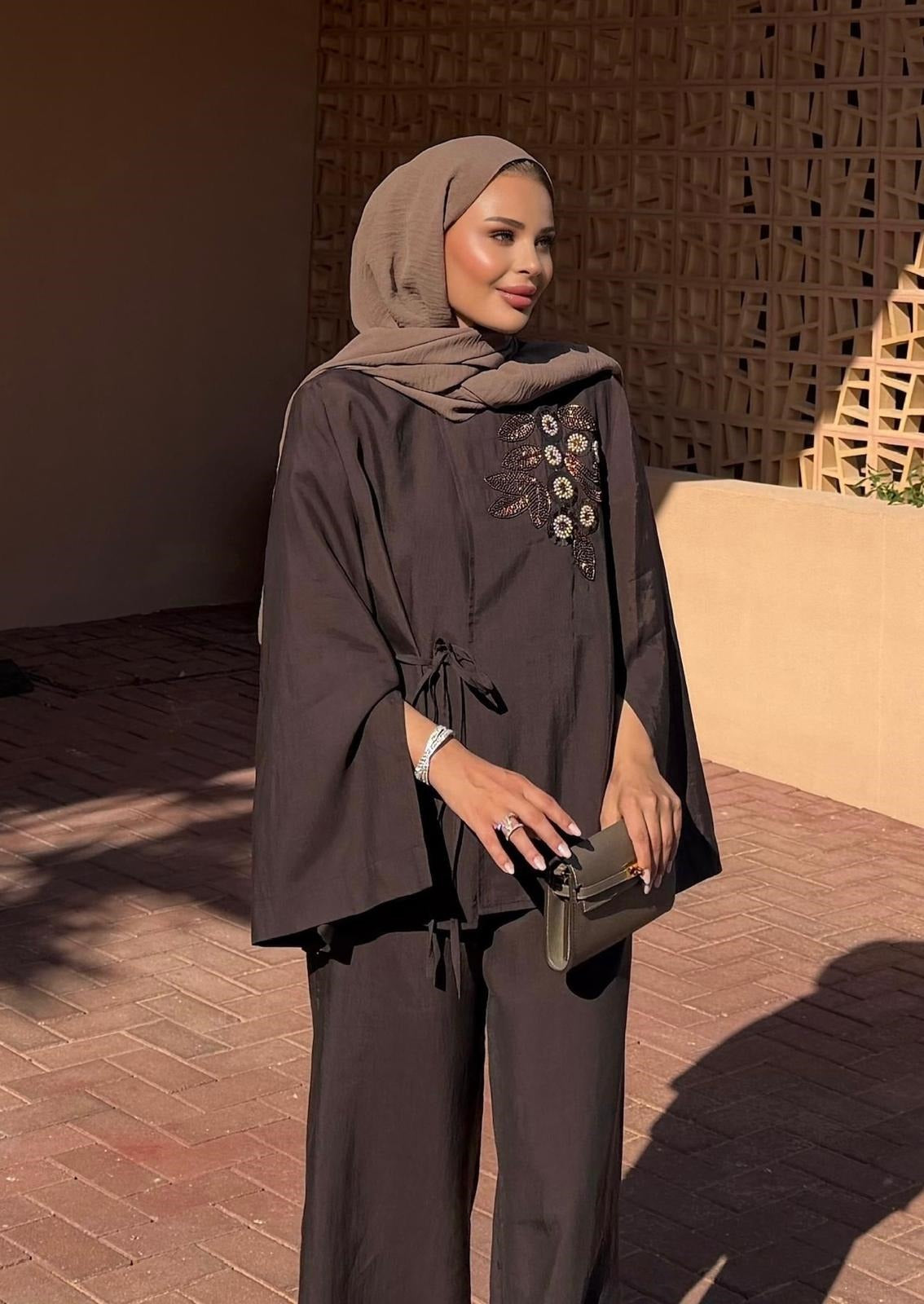 Embroidered Pants Set – Dark Brown