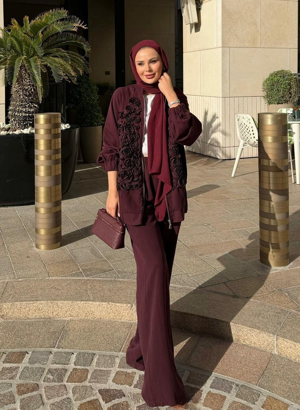 Rose Embellished Pants Set – Burgundy