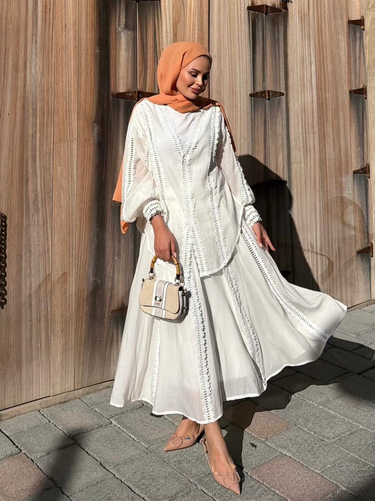 Lace Trim V-Neck Oversized Top & Flared Maxi Skirt Co-ord Set - Ecrou