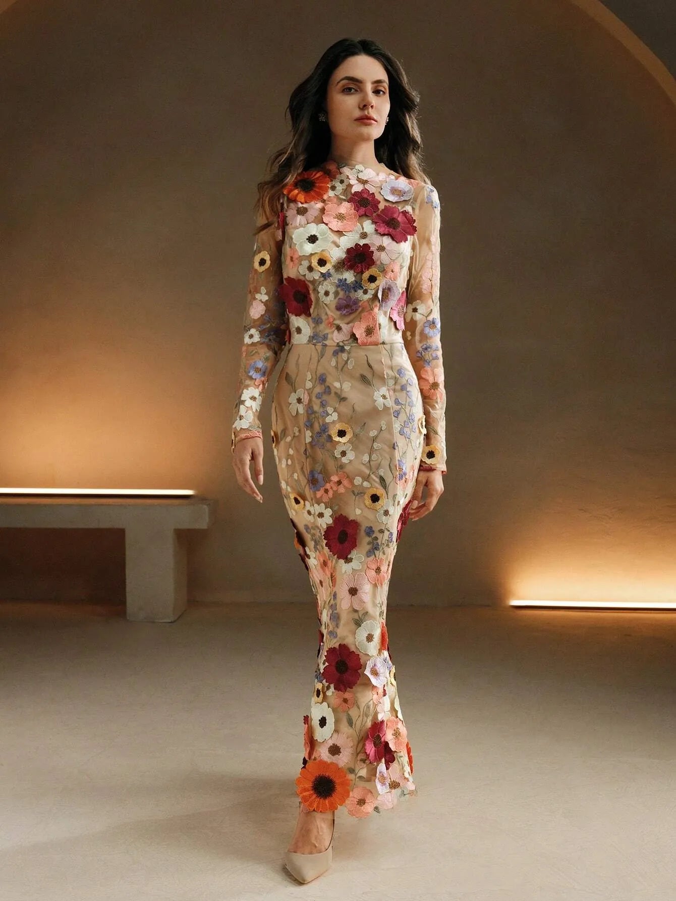 Elegant Mesh Floral Embroidery Maxi Dress