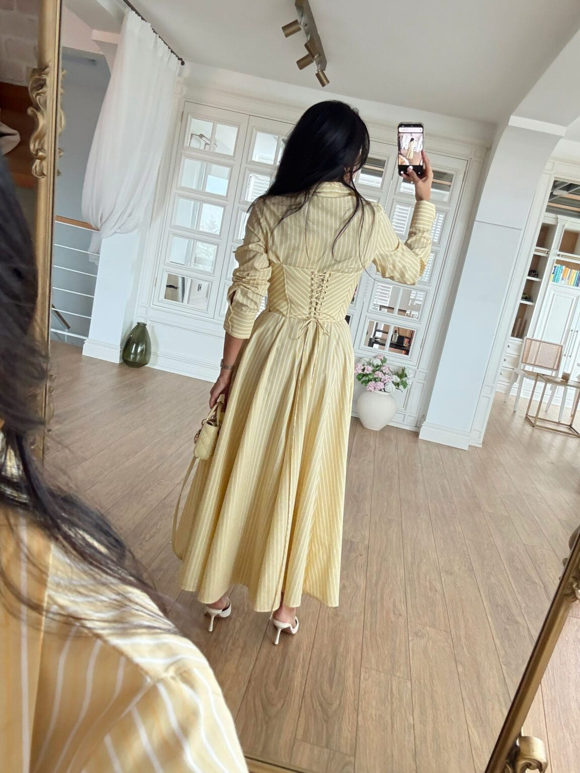 Yellow Striped Cotton Maxi Shirt Dress