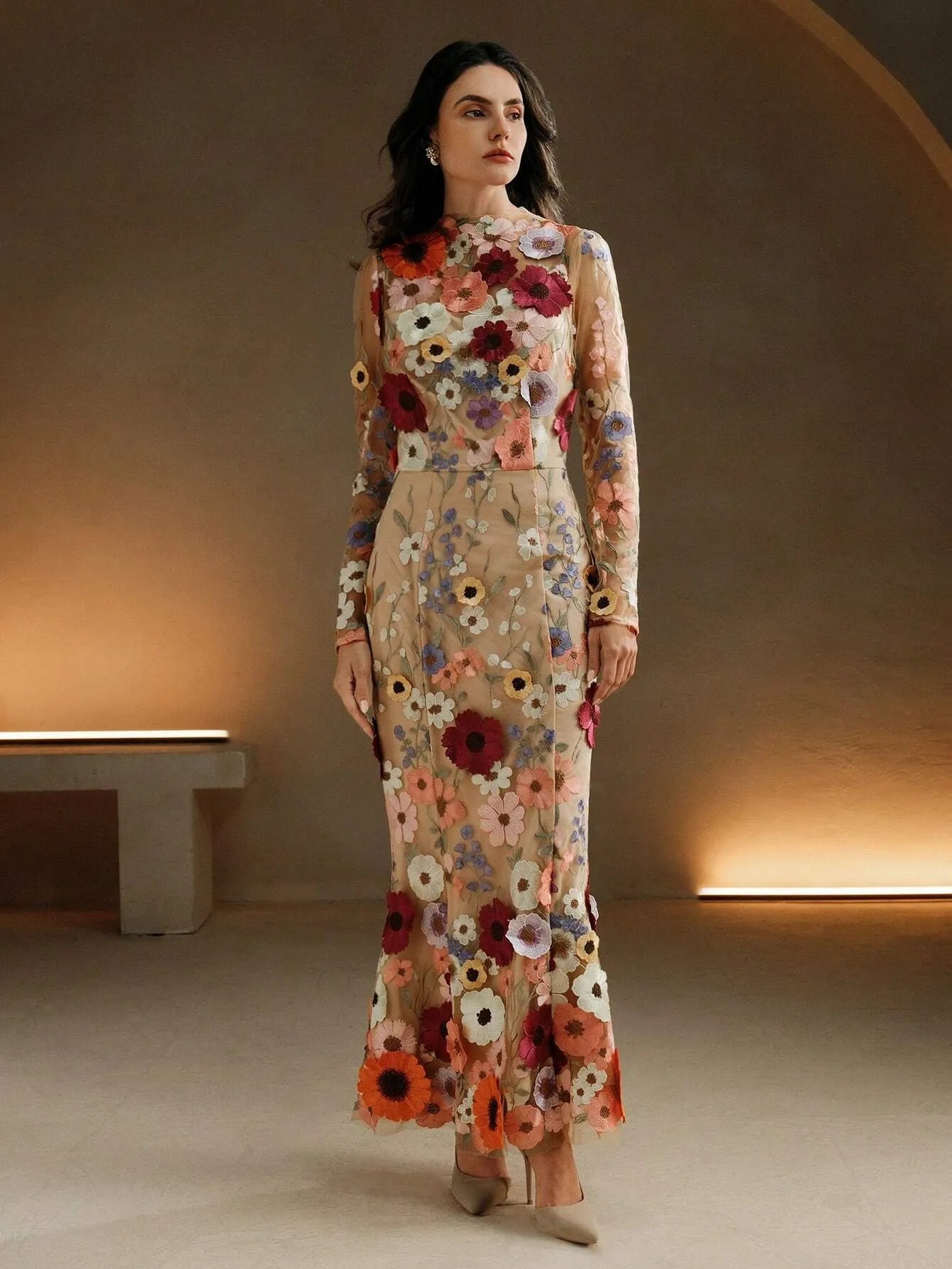 Elegant Mesh Floral Embroidery Maxi Dress