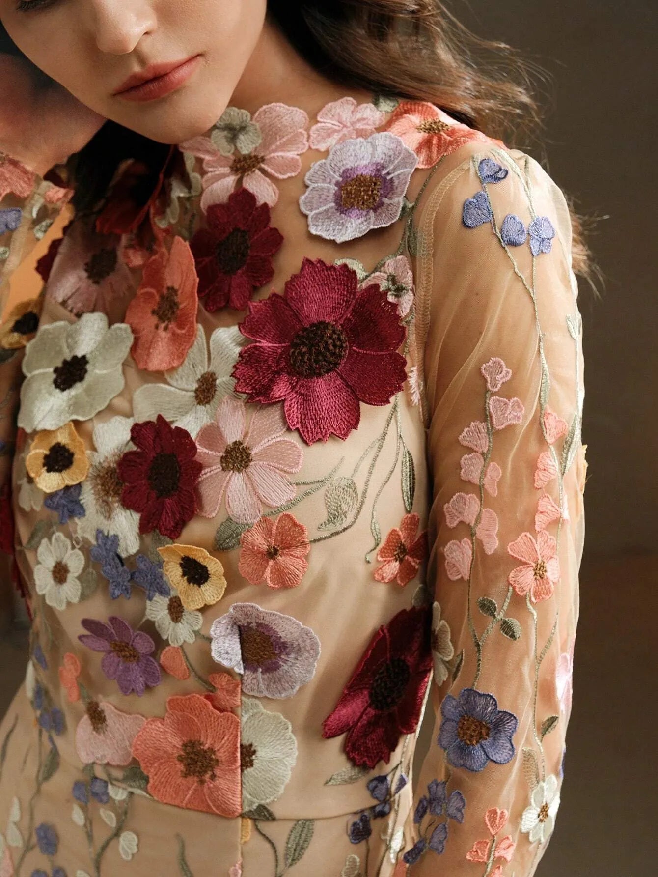 Elegant Mesh Floral Embroidery Maxi Dress