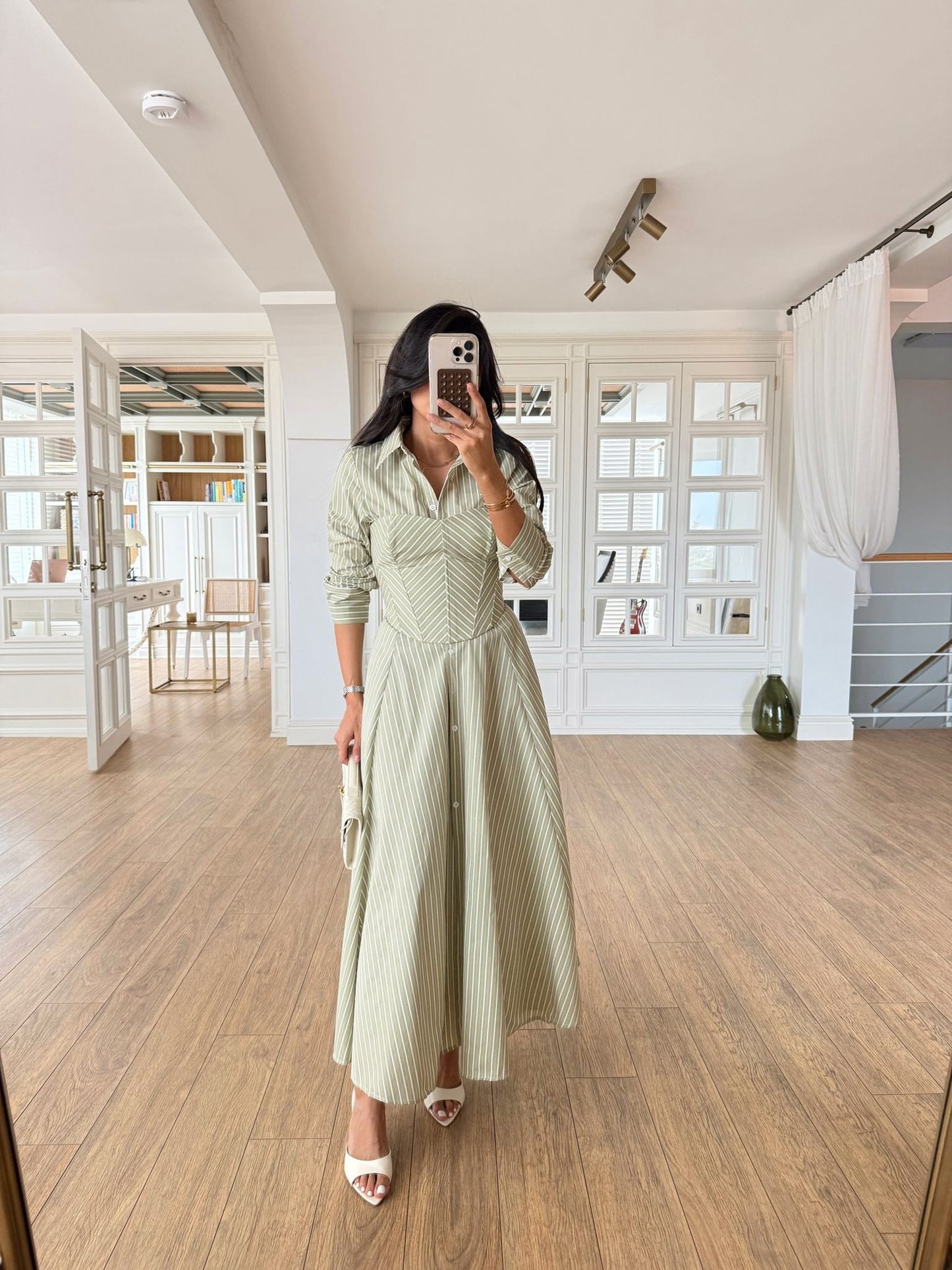 Green Striped Cotton Maxi Shirt Dress