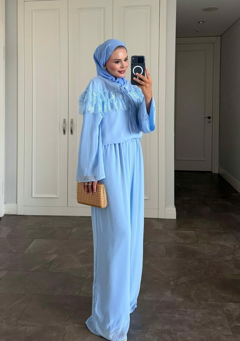 Ivana Mavi Tesettür Pantolon Takımı - Astarlı İki Parçalı Tunik ve Pantolon Kombini