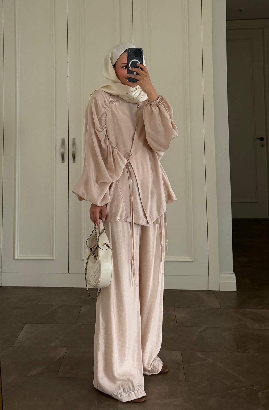 Balloon Sleeve Tencel Co-ord Set with Tie Waist & Wide-Leg Trousers - Beige