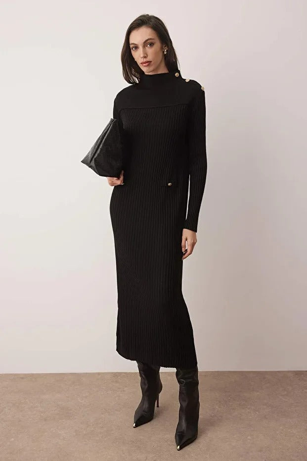Black Ribbed Knit Dress with Button Accents
