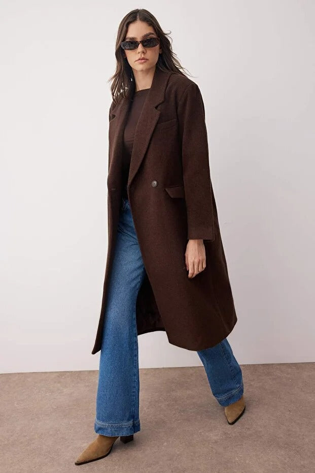 Brown Oversized Long Wool-Blend Coat