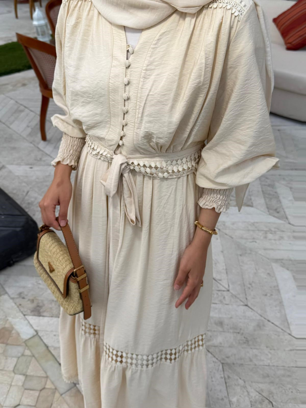 Tiered Boho Lace Trim Co-ord Set with Crochet Waist Belt - Beige