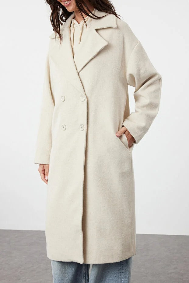 Ecru Oversized Wide-Cut Long Wool-Blend Coat