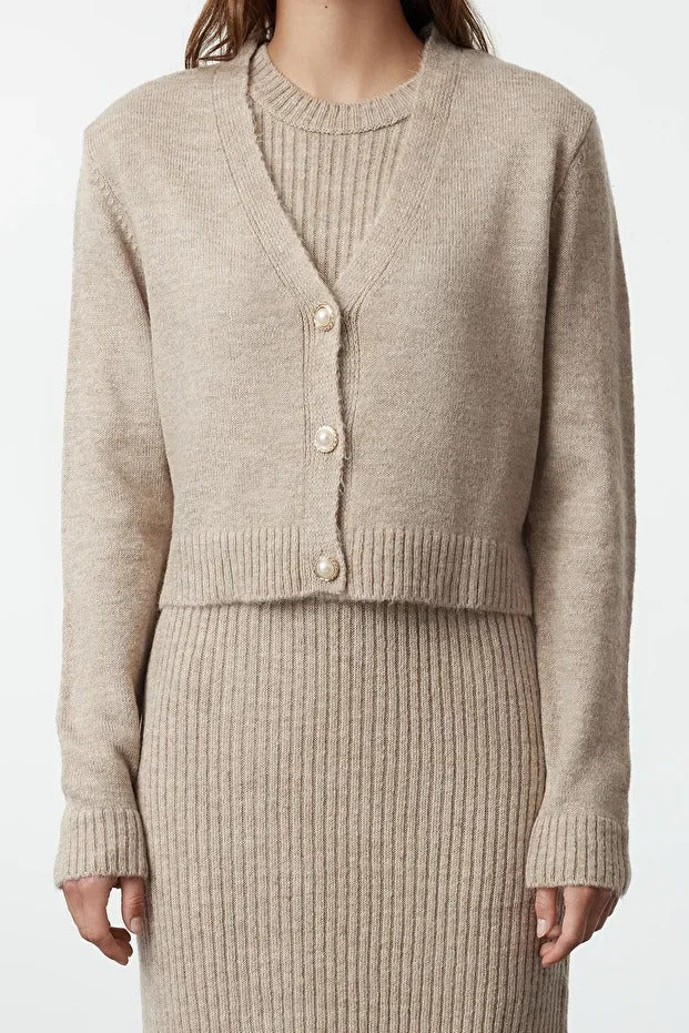 Dark Khaki Ribbed Soft-Knit Dress & Cardigan Set