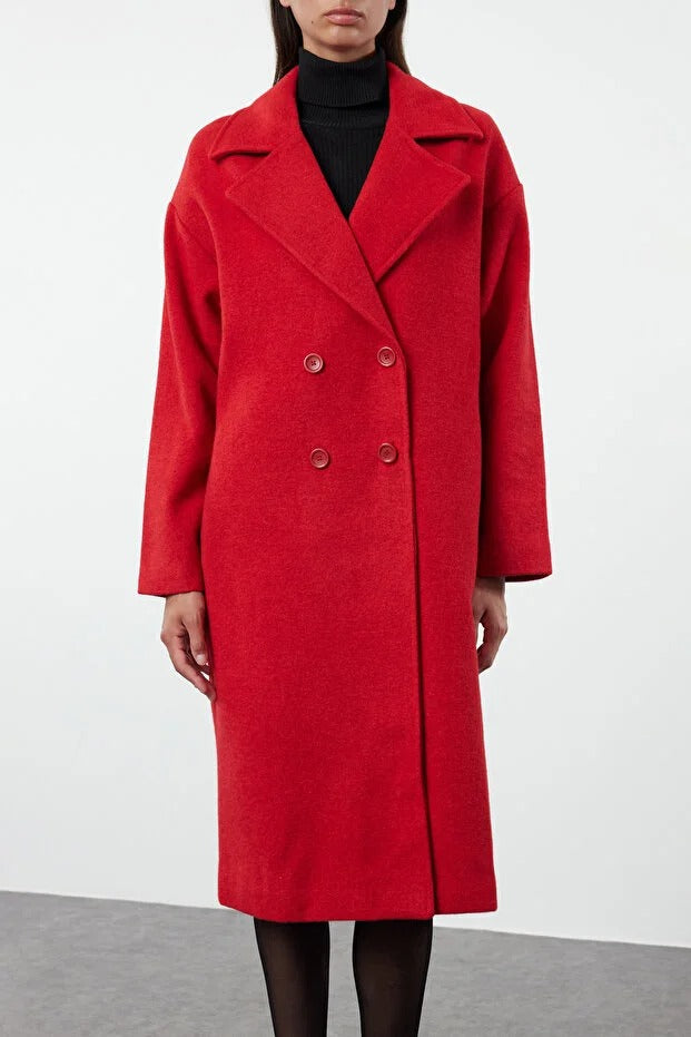 Red Oversized Wide-Cut Long Wool-Blend Coat