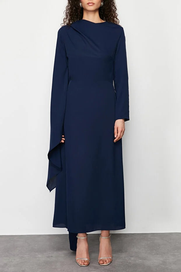 Navy Blue Shawl-Detail Evening Dress