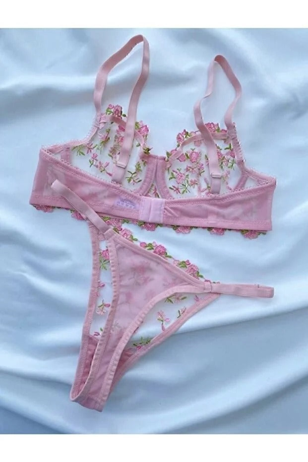 Lace Underwire Bra Set - Floral Balconette Bra & Thong
