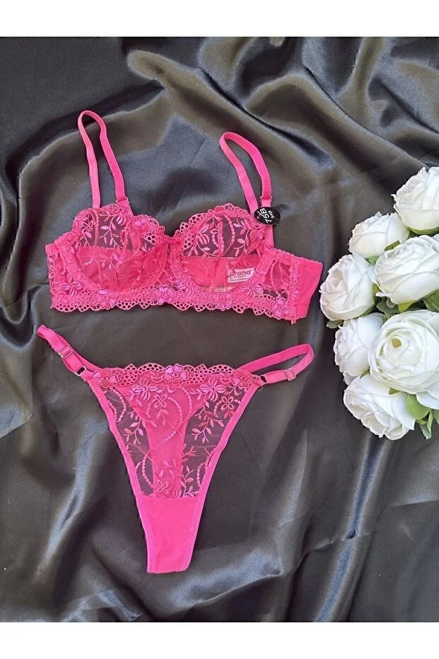 Embroidered Barbie Pink Lace Lingerie Set – Underwired Bra & Thong
