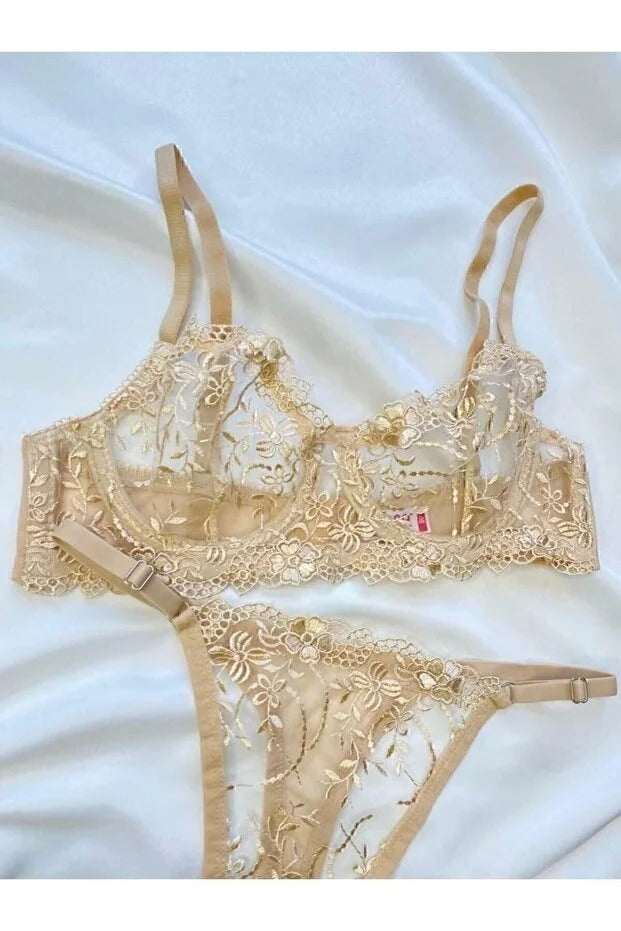 Nude Embroidered Underwire Bra Set - Broderie 2-Piece Lingerie with Thong