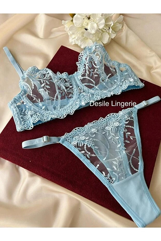 Light Blue Bralette Set - Lace 2-Piece Lingerie with Thong