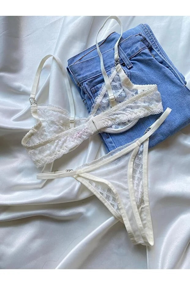 Nude Lace Bralette Set - Embroidered 2-Piece Lingerie with Thong