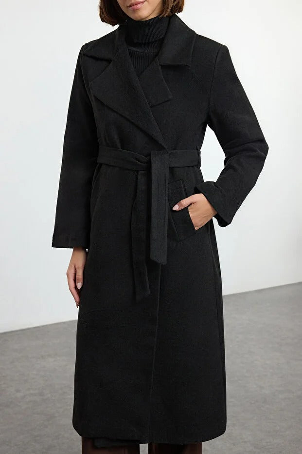 Black Belted Regular Fit Long Wool-Blend Coat