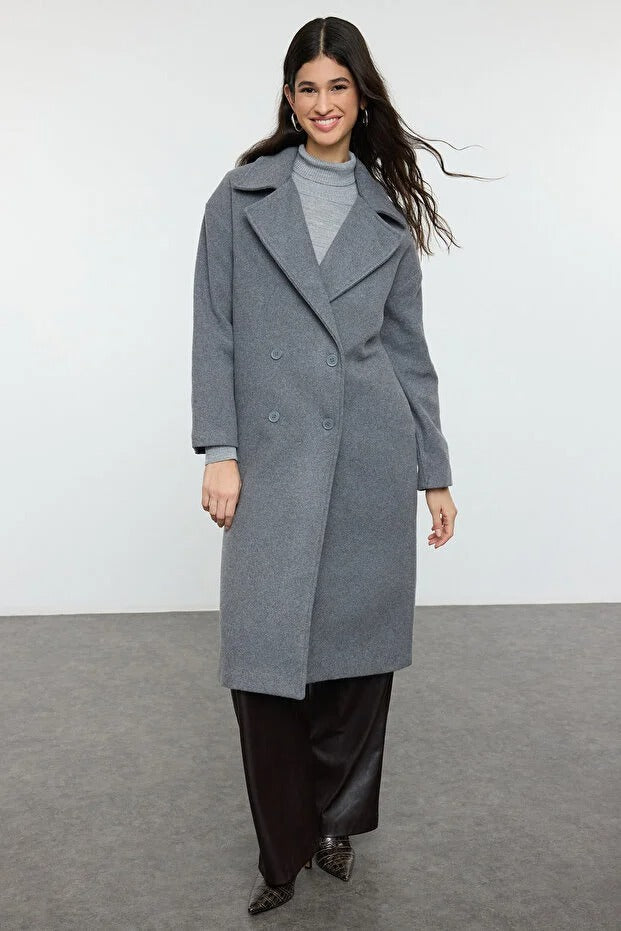 Grey Oversized Wide‑Cut Long Wool‑Blend Coat