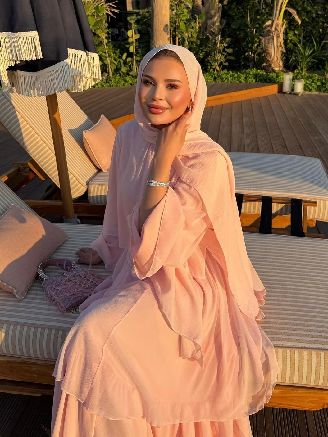 Layered Cape Chiffon Co-ord Set with Tiered Ruffle Skirt - Pink