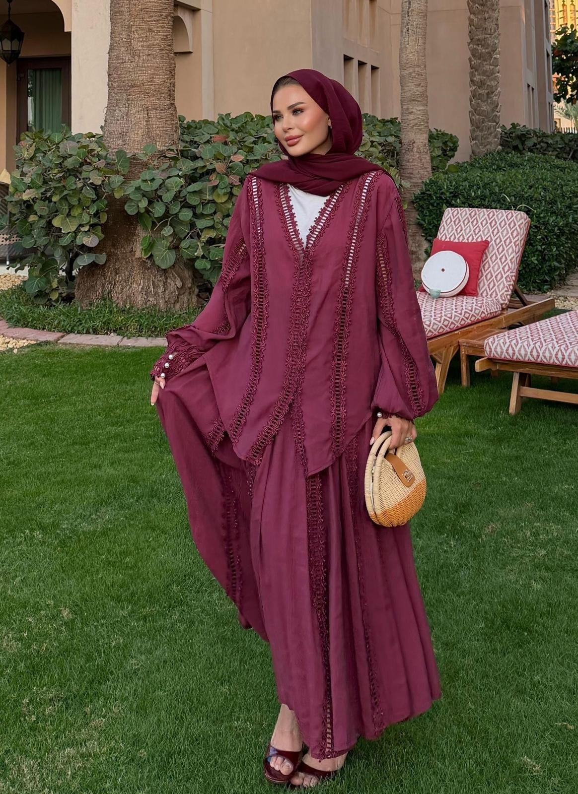 Dantel Broderie Skirt Set – Burgundy