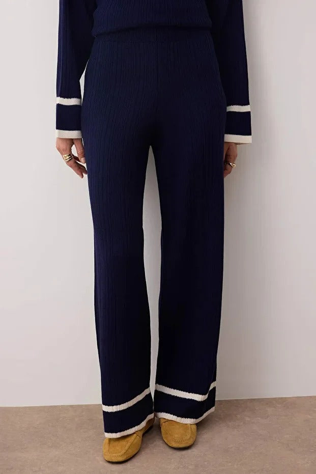 Navy Blue Piped Knit Sweater & Pants Set