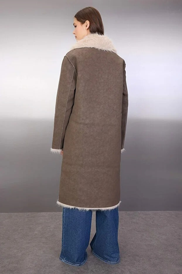 Taupe-Ecru Reversible Long Suede Coat with Fur Lapel and Mono Closure