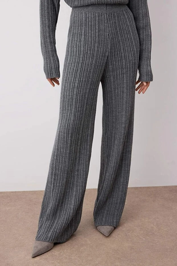 Anthracite Pearl-Detail Ribbed Knit Modest Two-Piece Set