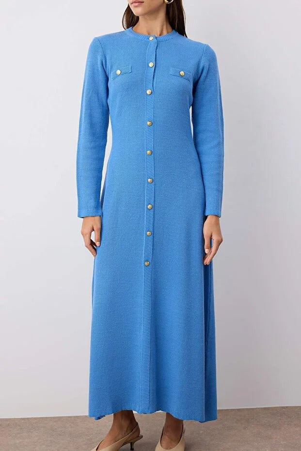Blue Gold Buttoned Ribbed Knit Dress