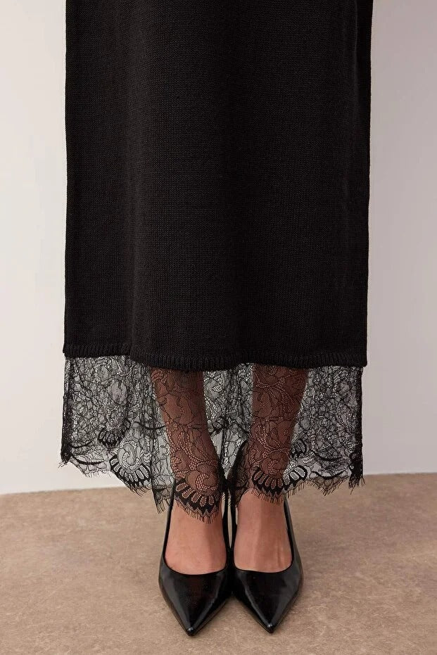 Black Lace-Detail Knit Modest Dress