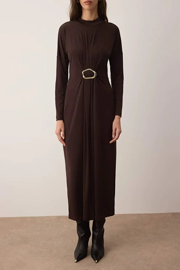 Dark Brown Belted Sandy Knit Dress