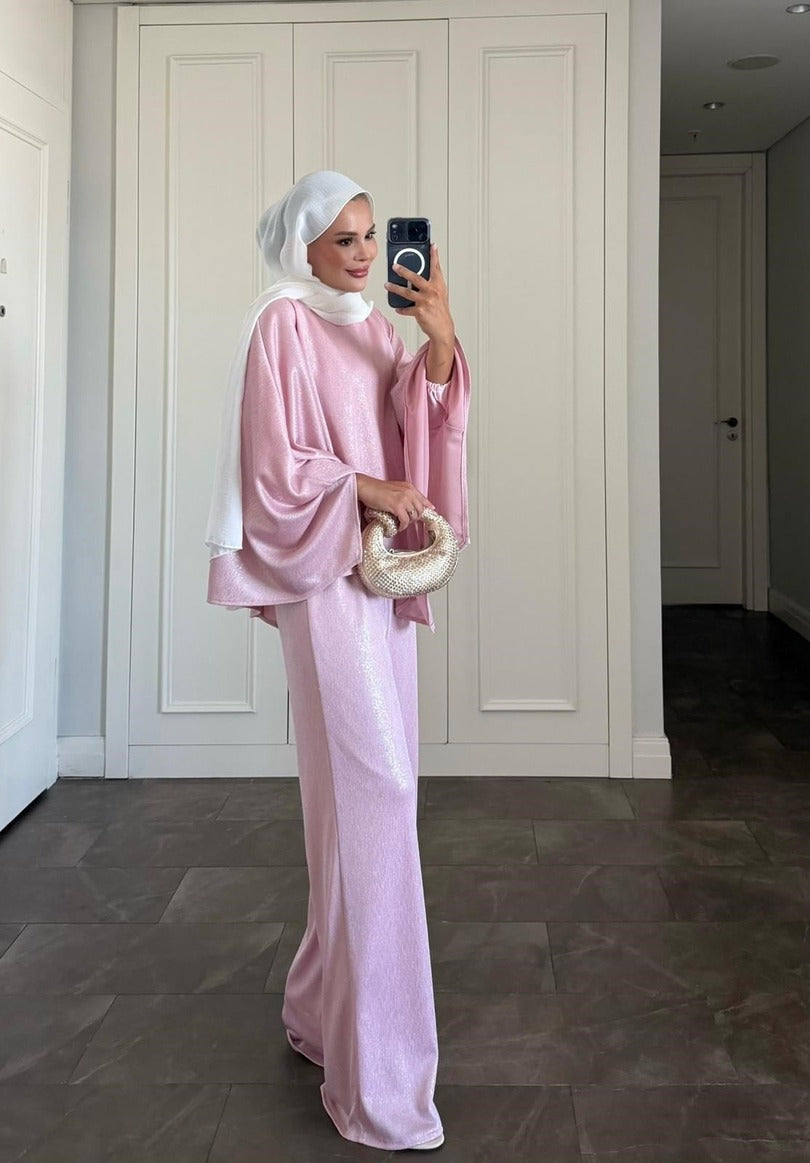 Elmas Kahverengi Işıltılı Asimetrik Pantolon Takımı | Pembe