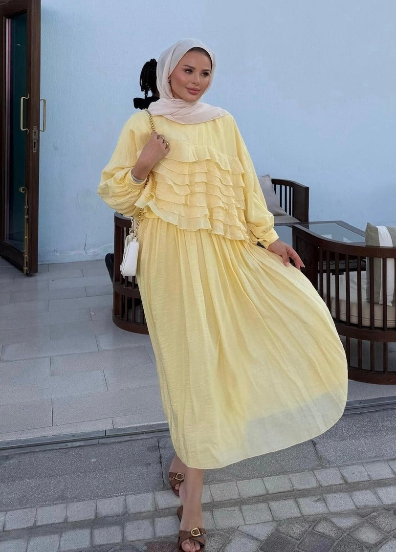 Tiered Ruffle Blouse & Pleated Maxi Skirt Co-ord Set - Yellow