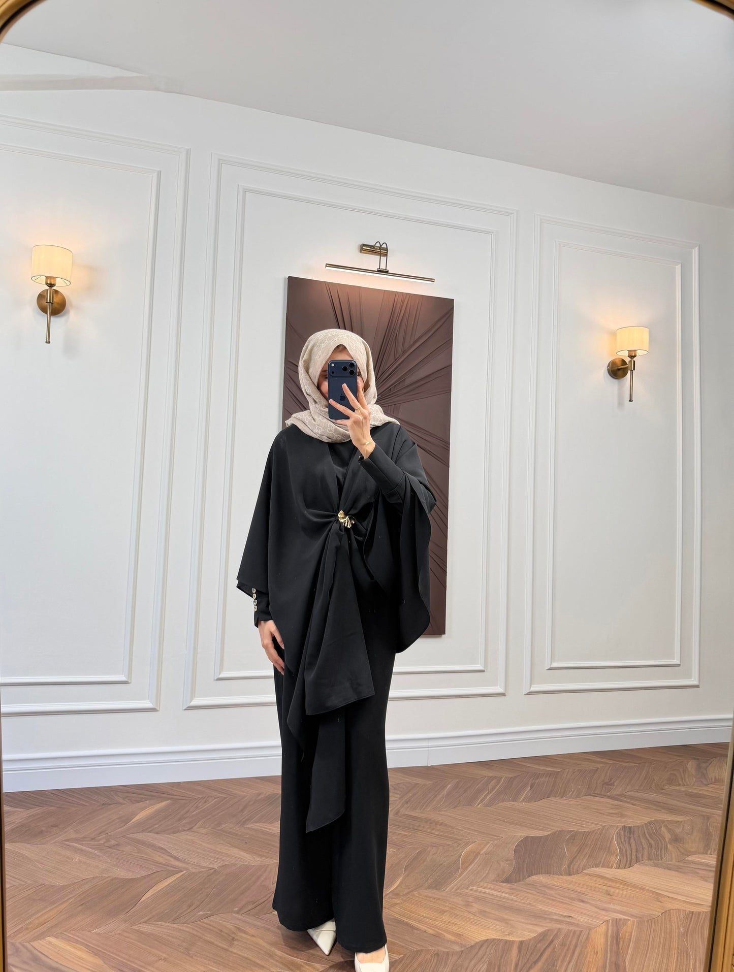 Black Cape-Sleeve Co-ord Set with Gold Brooch Detail