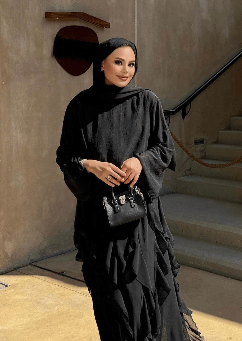 Black Ruffle-Detail Chiffon Blouse and Skirt Set- PRE ORDER