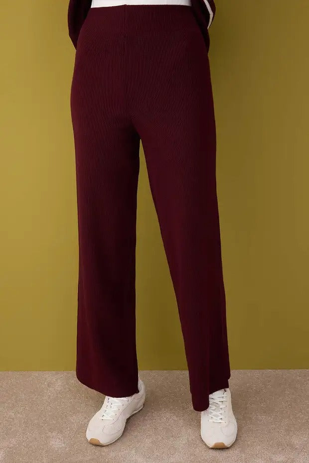 Burgundy-Cream Ribbed Knit Modest Two-Piece Set