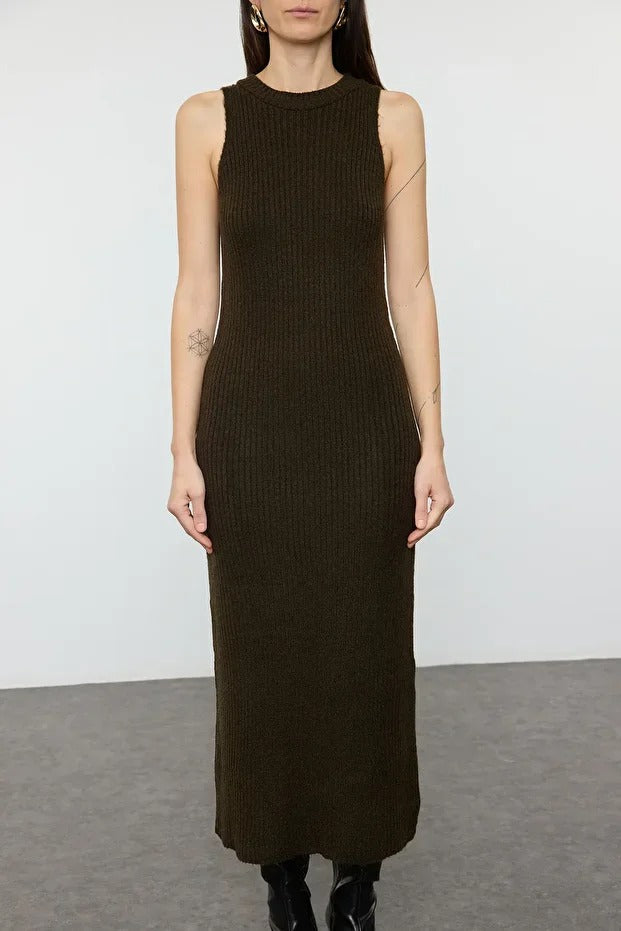 Dark Khaki Ribbed Soft-Knit Dress & Cardigan Set